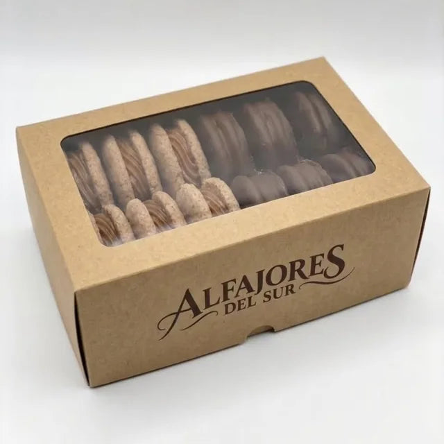 Box of 12 alfajores from Alfajores del Sur in a kraft box with a window, showing alfajores with dulce de leche and chocolate-coated ones