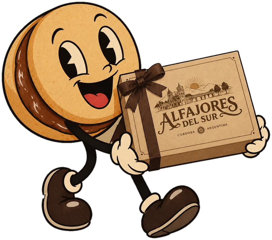 Enzo, the Alfajores del Sur mascot, smiling and carrying a Gift Box tied with a brown ribbon