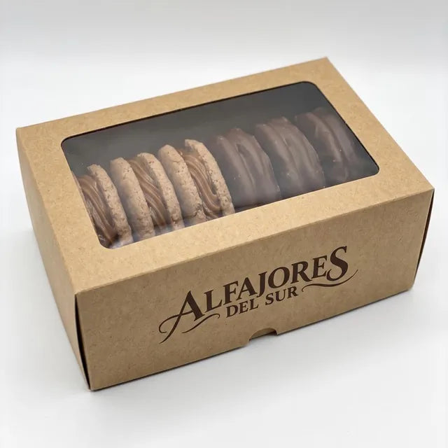 Box of 6 alfajores from Alfajores del Sur in a kraft box with a window, showing alfajores with dulce de leche and chocolate-coated ones